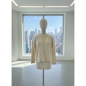 Vtg 60's Kowloon Beading Arts Cardigan Womens Beige Embroidered Pearl Beaded